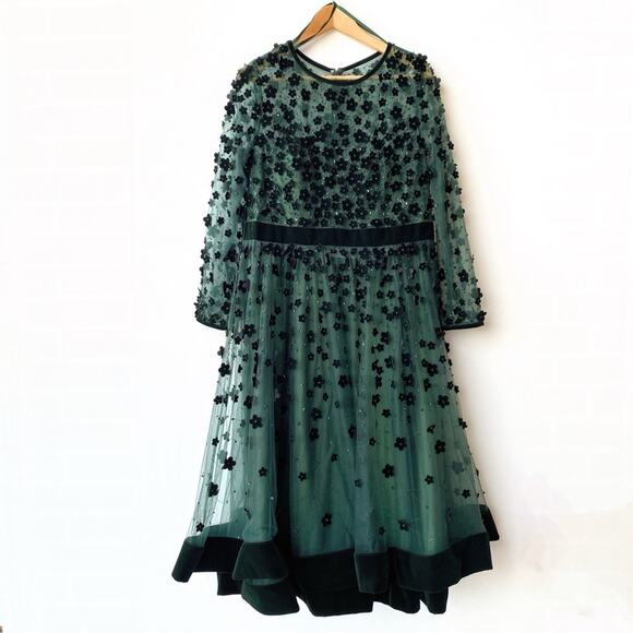 Mac Duggal : Velvet & Beaded Floral All Over w Velvet Trim A-Line Dress : Sz 14 - Picture 2 of 8